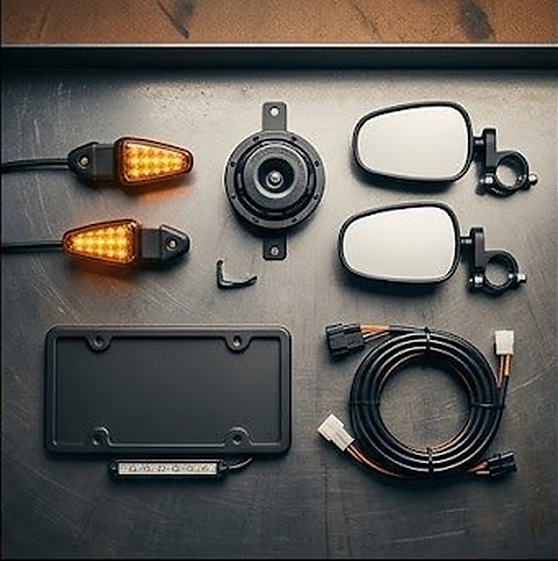 Street legal kit components flat lay: turn signals, horn, mirrors, plate bracket